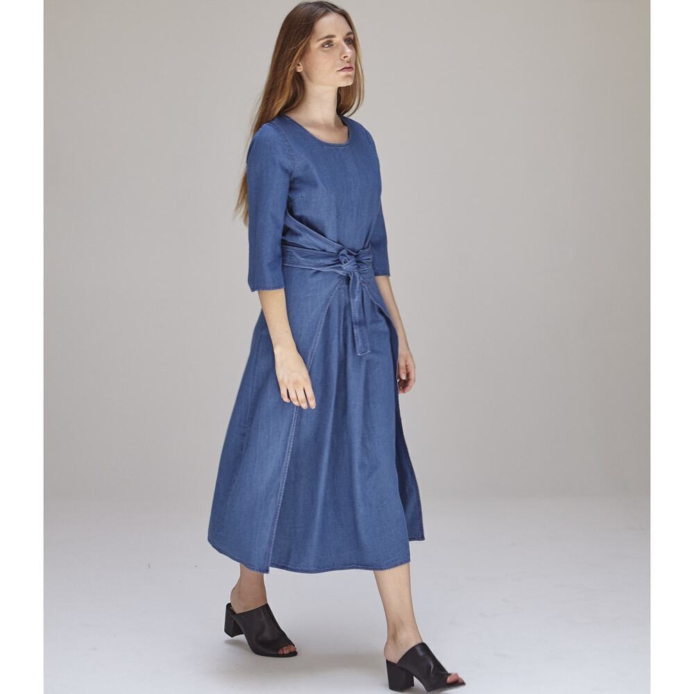 Caron Callahan M Indigo Blue Denim Hester Pleated Wrap Midi Dress Cotton $446